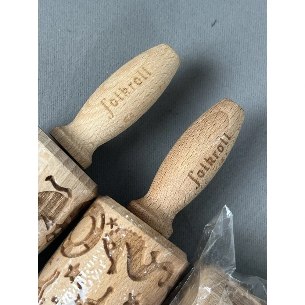Rolling Pin Cookie Dough Cats, Hearts & Nautical Embossing Wood Folkroll Baking